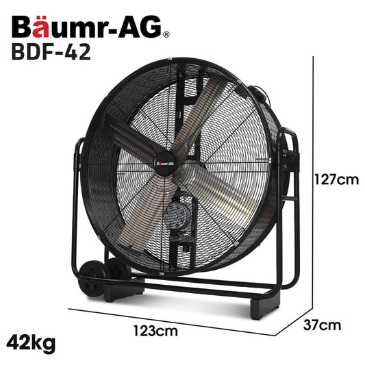 BAUMR-AG 42" 1067mm 660W Industrial Mobile Floor Drum Fan, Belt Drive, Tilting, Large, Commercial,  Heavy-duty Frame, EESS Certified