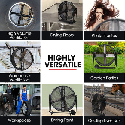 BAUMR-AG 42" 1067mm 660W Industrial Mobile Floor Drum Fan, Belt Drive, Tilting, Large, Commercial,  Heavy-duty Frame, EESS Certified