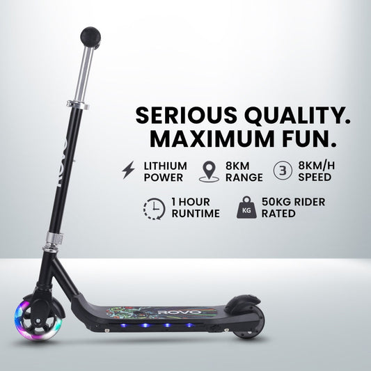 ROVO KIDS WhizKid Electric Scooter, Ages 5-11, Adjustable Height, AU Compliant, Lithium Battery, Brushless Motor, Black