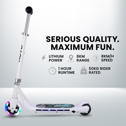 ROVO KIDS WhizKid Electric Scooter, Ages 5-11, Adjustable Height, AU Compliant, Lithium Battery, Brushless Motor, White