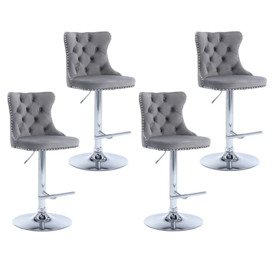 4x Height Adjustable Swivel Bar Stool Velvet Stud Barstool with Footrest and Chromed Base- Gray - Mekamart Australia