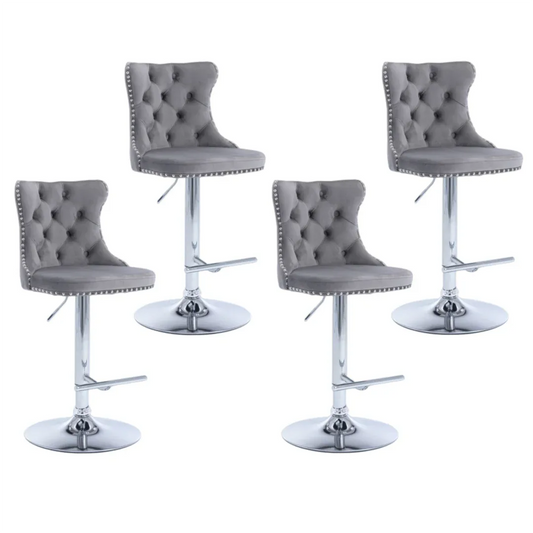 4x Height Adjustable Swivel Bar Stool Velvet Stud Barstool with Footrest and Chromed Base- Gray - Mekamart Australia