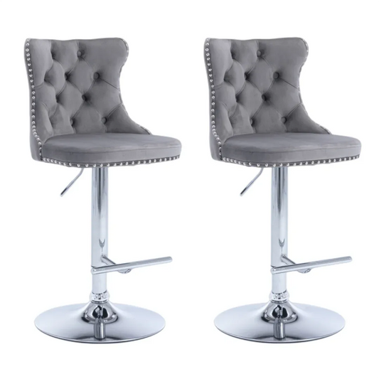 4x Height Adjustable Swivel Bar Stool Velvet Stud Barstool with Footrest and Chromed Base- Gray - Mekamart Australia