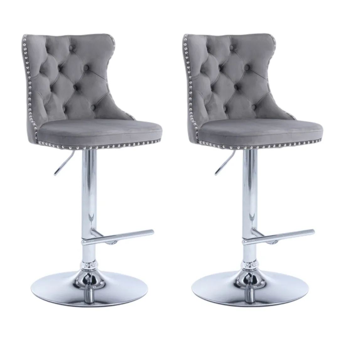 4x Height Adjustable Swivel Bar Stool Velvet Stud Barstool with Footrest and Chromed Base- Gray - Mekamart Australia