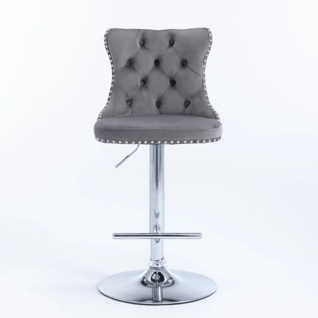 4x Height Adjustable Swivel Bar Stool Velvet Stud Barstool with Footrest and Chromed Base- Gray - Mekamart Australia