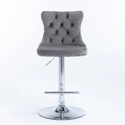 4x Height Adjustable Swivel Bar Stool Velvet Stud Barstool with Footrest and Chromed Base- Gray - Mekamart Australia