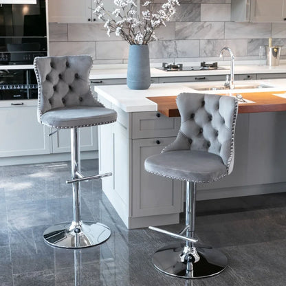 4x Height Adjustable Swivel Bar Stool Velvet Stud Barstool with Footrest and Chromed Base- Gray - Mekamart Australia