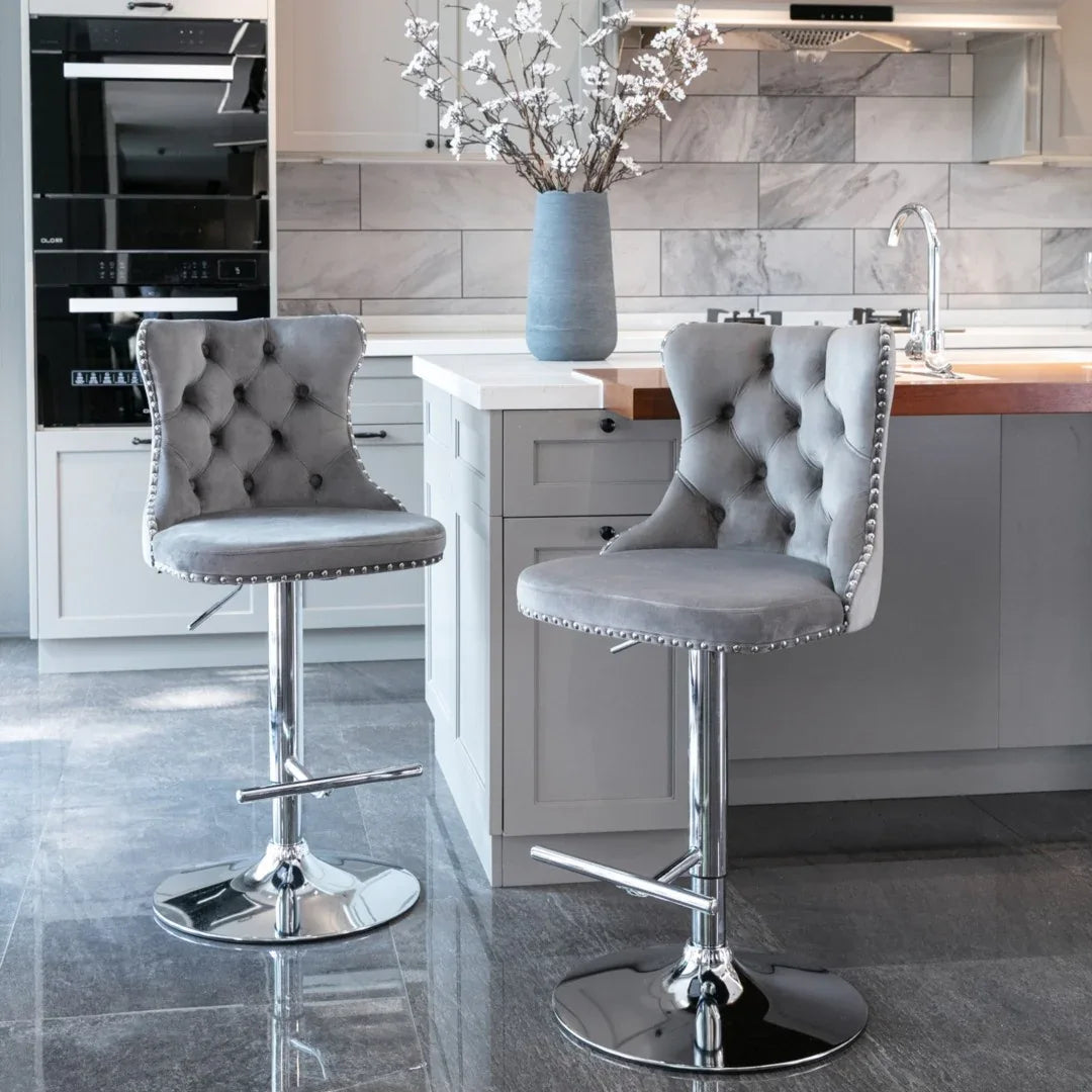2x Height Adjustable Swivel Bar Stool Velvet Stud Barstool with Footrest and Chromed Base- Gray - Mekamart Australia
