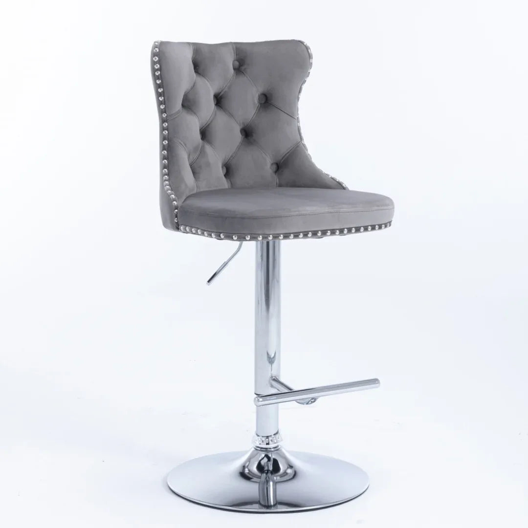 2x Height Adjustable Swivel Bar Stool Velvet Stud Barstool with Footrest and Chromed Base- Gray - Mekamart Australia