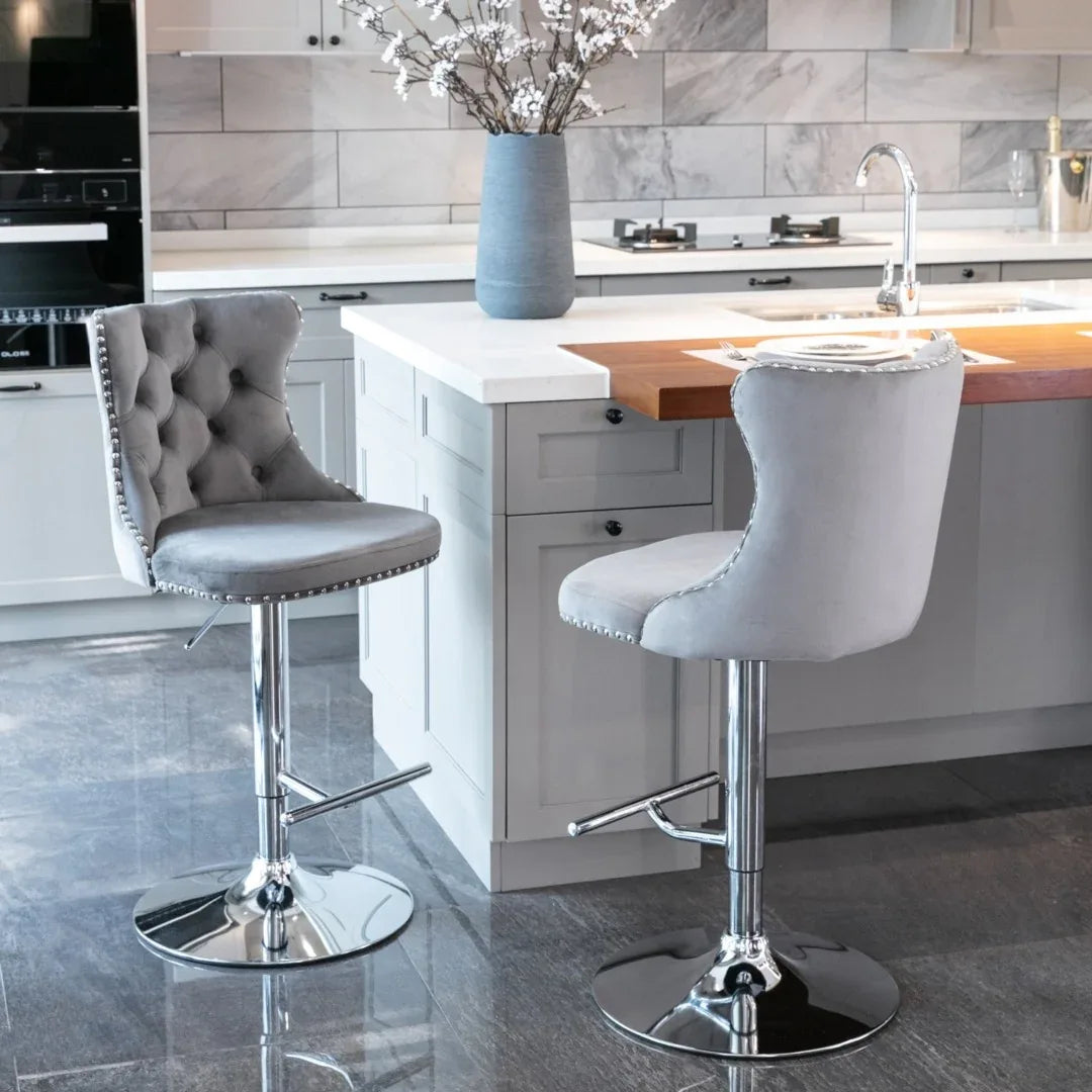 2x Height Adjustable Swivel Bar Stool Velvet Stud Barstool with Footrest and Chromed Base- Gray - Mekamart Australia