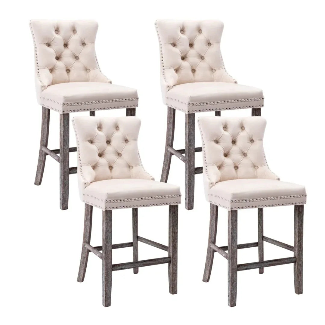 4X Velvet Bar Stools with Studs Trim Wooden Legs Tufted Dining Chairs Kitchen - Mekamart Australia