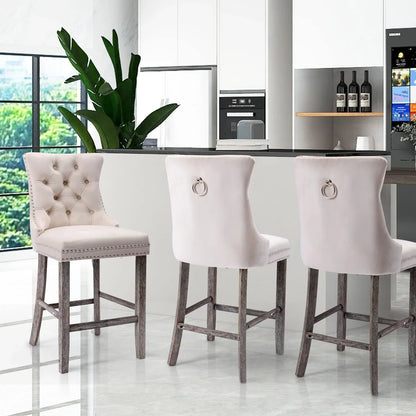 4X Velvet Bar Stools with Studs Trim Wooden Legs Tufted Dining Chairs Kitchen - Mekamart Australia