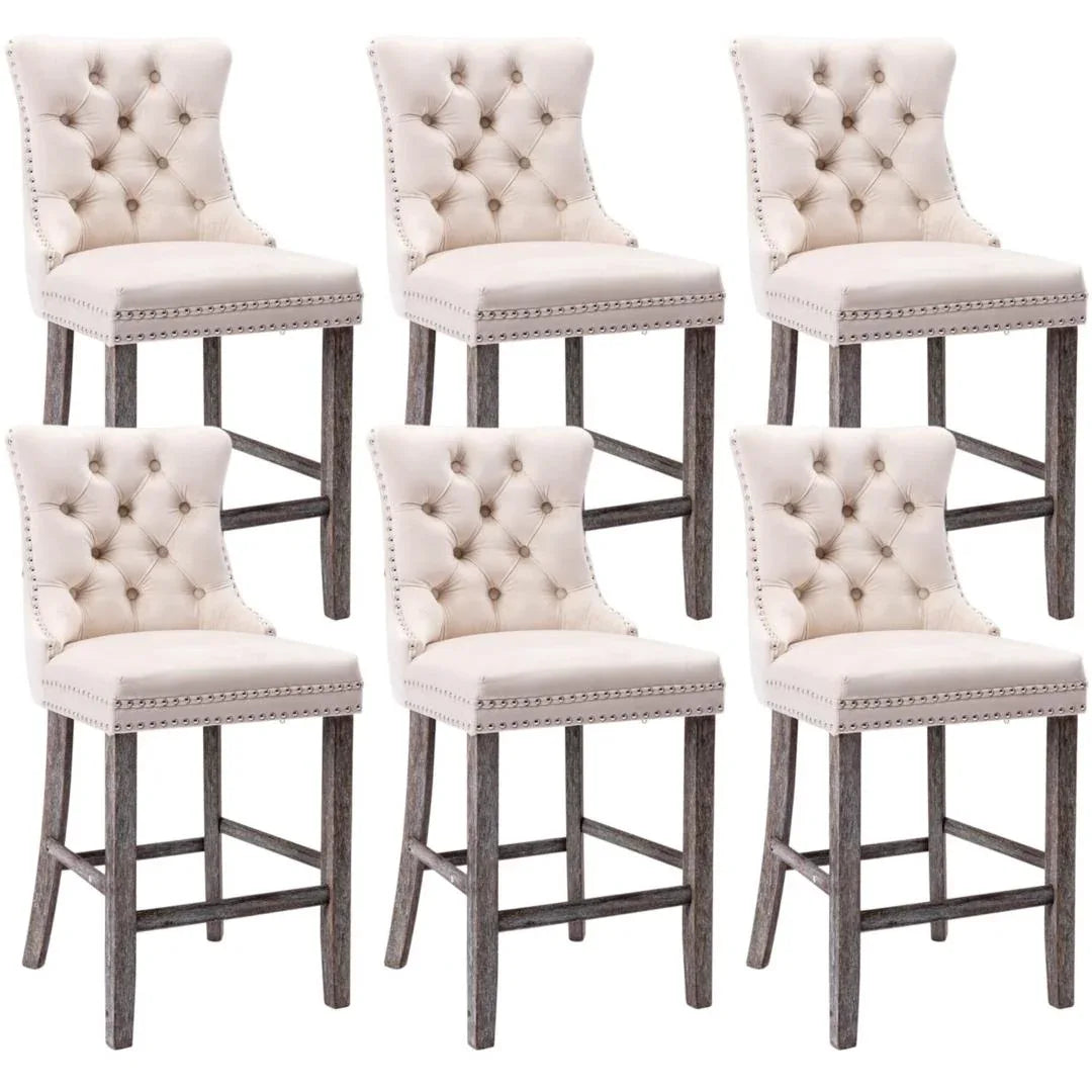 6X Velvet Bar Stools with Studs Trim Wooden Legs Tufted Dining Chairs Kitchen - Mekamart Australia