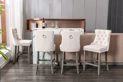 6X Velvet Bar Stools with Studs Trim Wooden Legs Tufted Dining Chairs Kitchen - Mekamart Australia