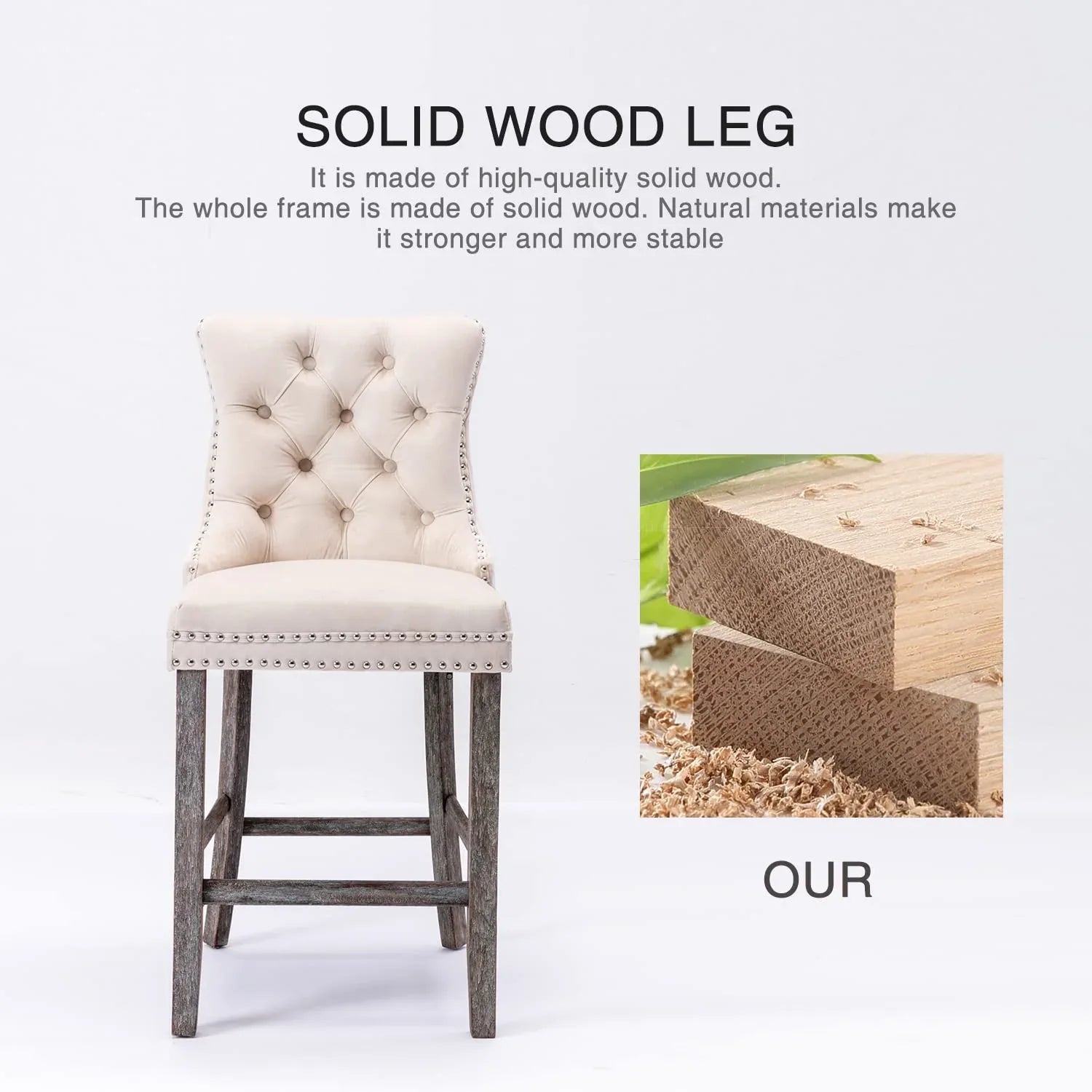 2X Velvet Bar Stools with Studs Trim Wooden Legs Tufted Dining Chairs Kitchen - Mekamart Australia