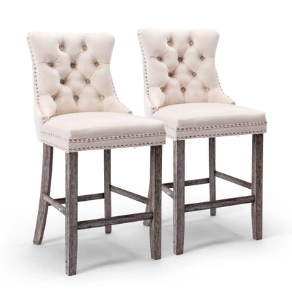 2X Velvet Bar Stools with Studs Trim Wooden Legs Tufted Dining Chairs Kitchen - Mekamart Australia