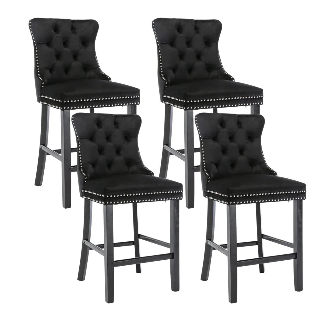 4X Velvet Bar Stools with Studs Trim Wooden Legs Tufted Dining Chairs Kitchen - Mekamart Australia
