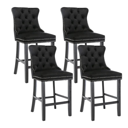 4X Velvet Bar Stools with Studs Trim Wooden Legs Tufted Dining Chairs Kitchen - Mekamart Australia