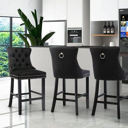 4X Velvet Bar Stools with Studs Trim Wooden Legs Tufted Dining Chairs Kitchen - Mekamart Australia