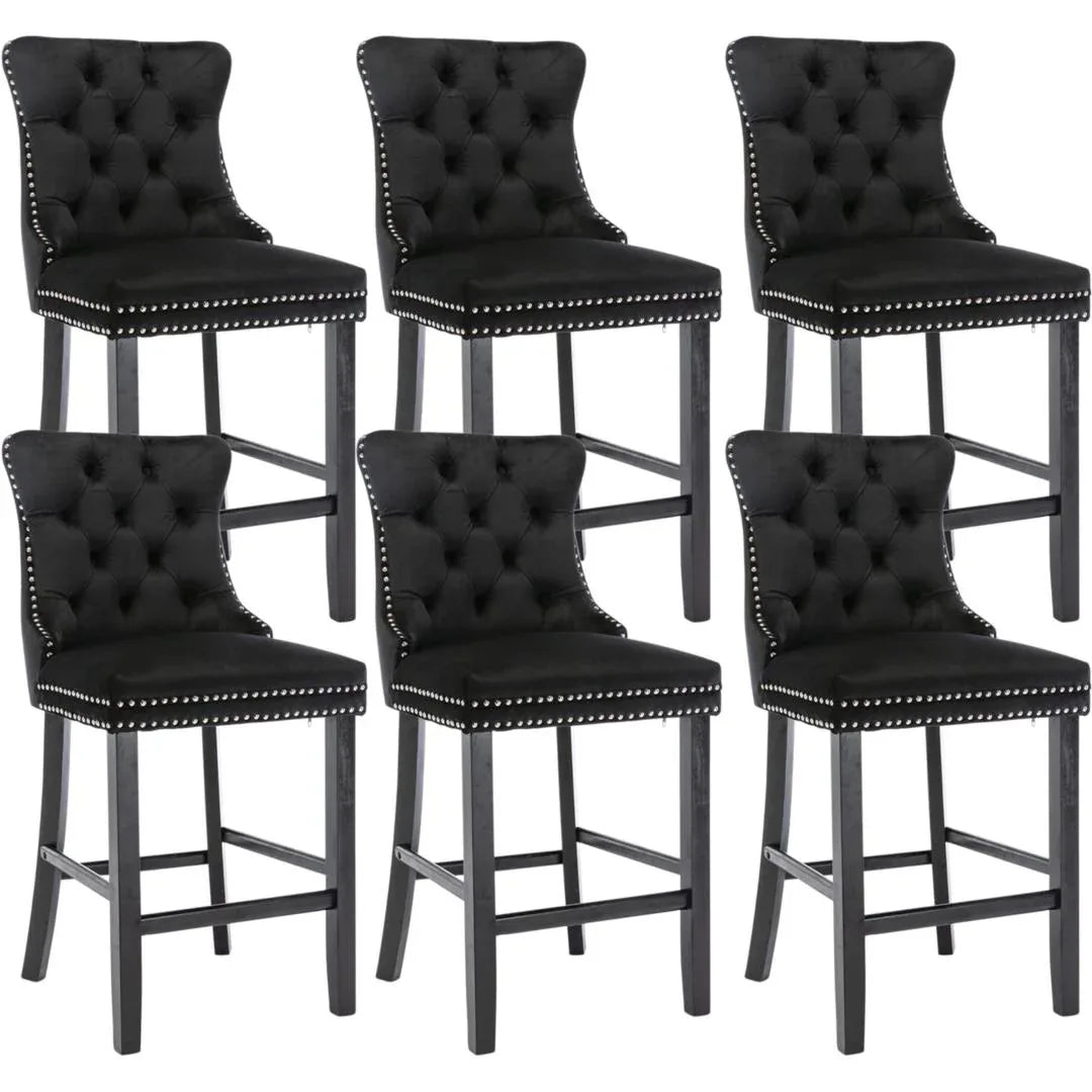 6X Velvet Bar Stools with Studs Trim Wooden Legs Tufted Dining Chairs Kitchen - Mekamart Australia