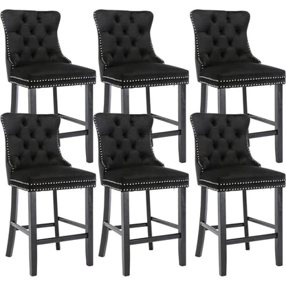 6X Velvet Bar Stools with Studs Trim Wooden Legs Tufted Dining Chairs Kitchen - Mekamart Australia