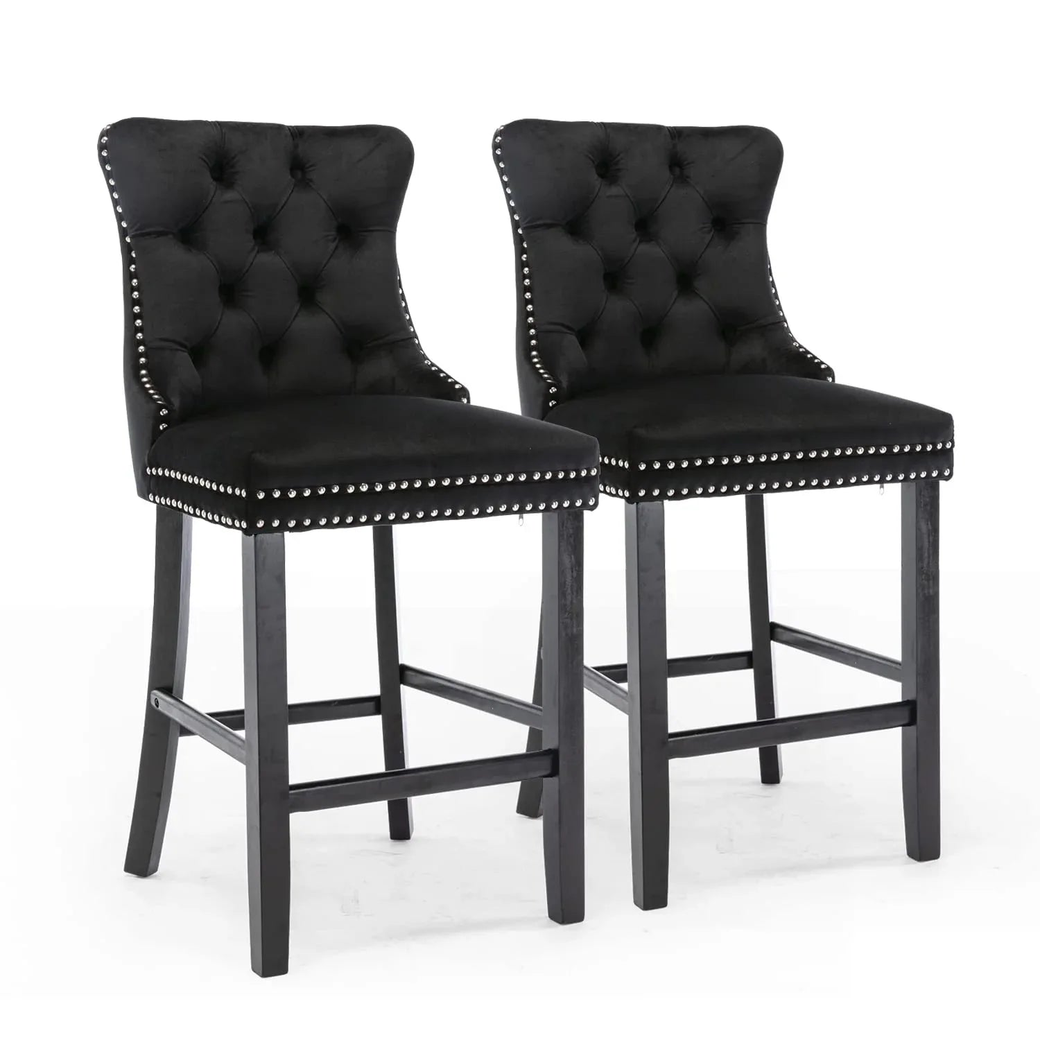 6X Velvet Bar Stools with Studs Trim Wooden Legs Tufted Dining Chairs Kitchen - Mekamart Australia