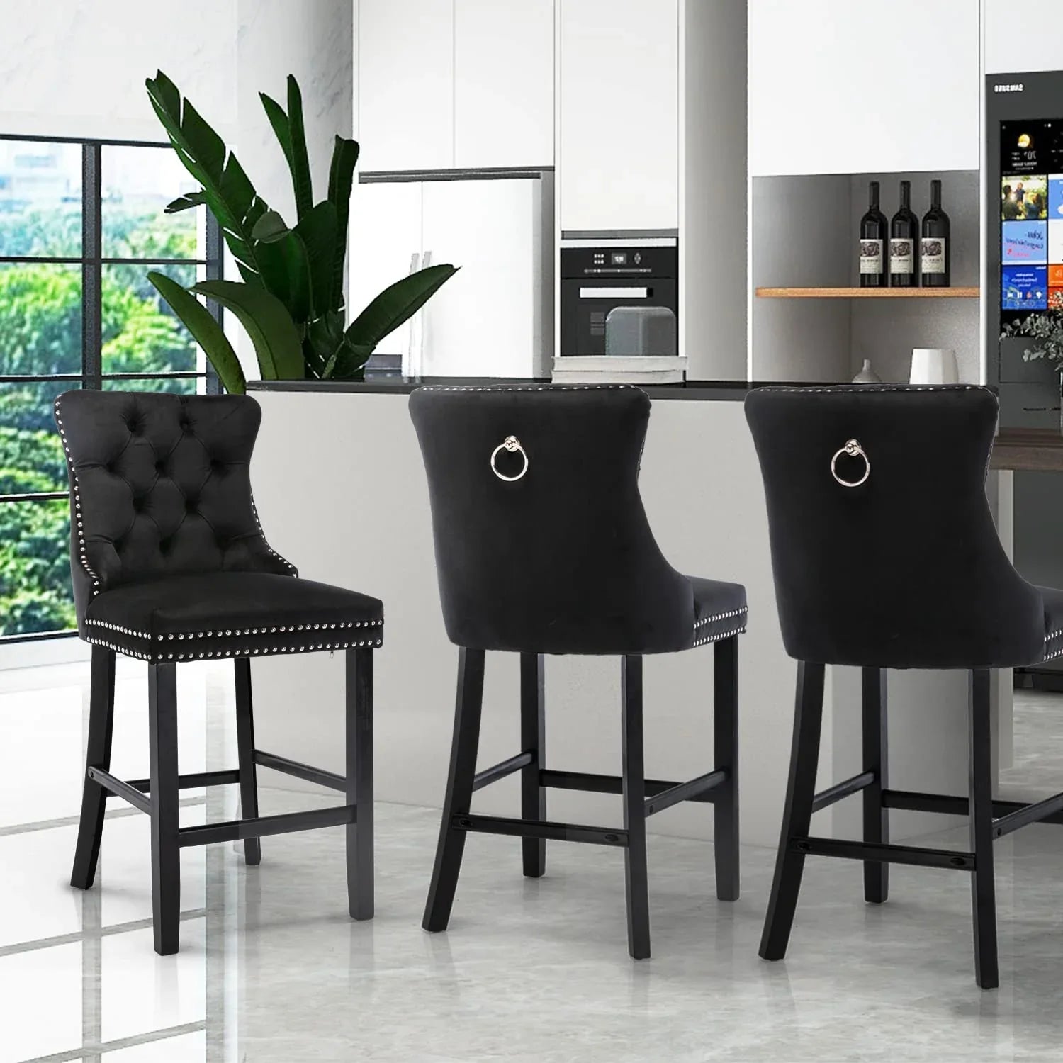 6X Velvet Bar Stools with Studs Trim Wooden Legs Tufted Dining Chairs Kitchen - Mekamart Australia