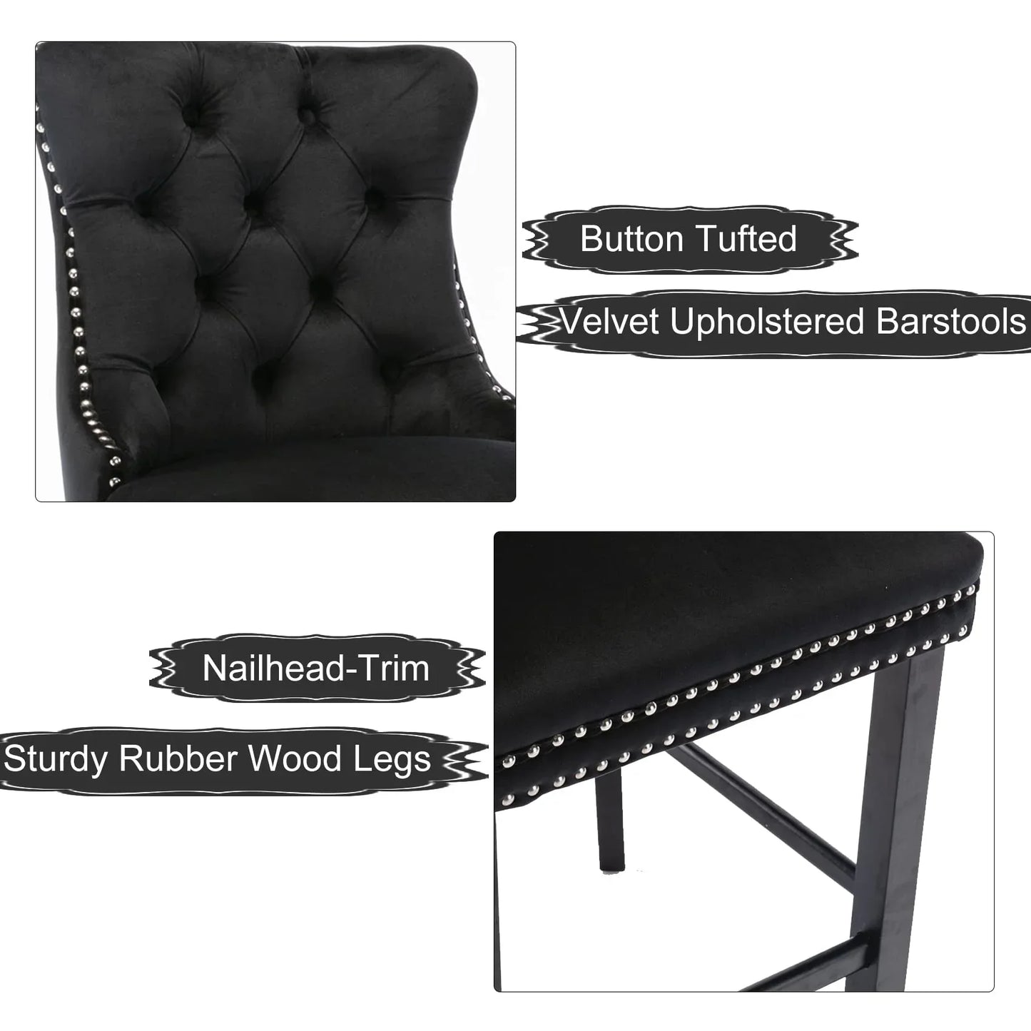 6X Velvet Bar Stools with Studs Trim Wooden Legs Tufted Dining Chairs Kitchen - Mekamart Australia