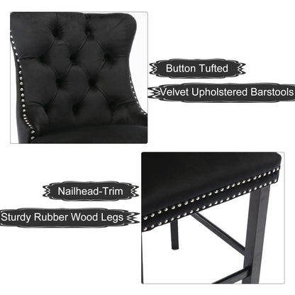 6X Velvet Bar Stools with Studs Trim Wooden Legs Tufted Dining Chairs Kitchen - Mekamart Australia