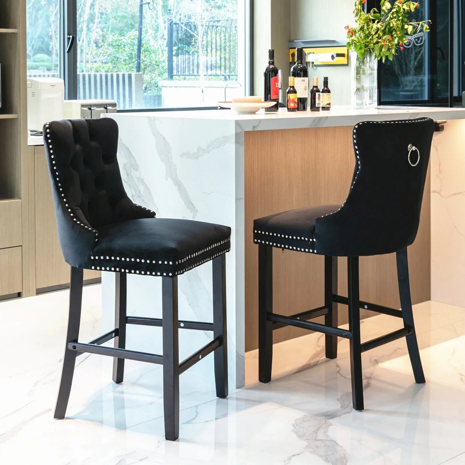 2X Velvet Bar Stools with Studs Trim Wooden Legs Tufted Dining Chairs Kitchen - Mekamart Australia
