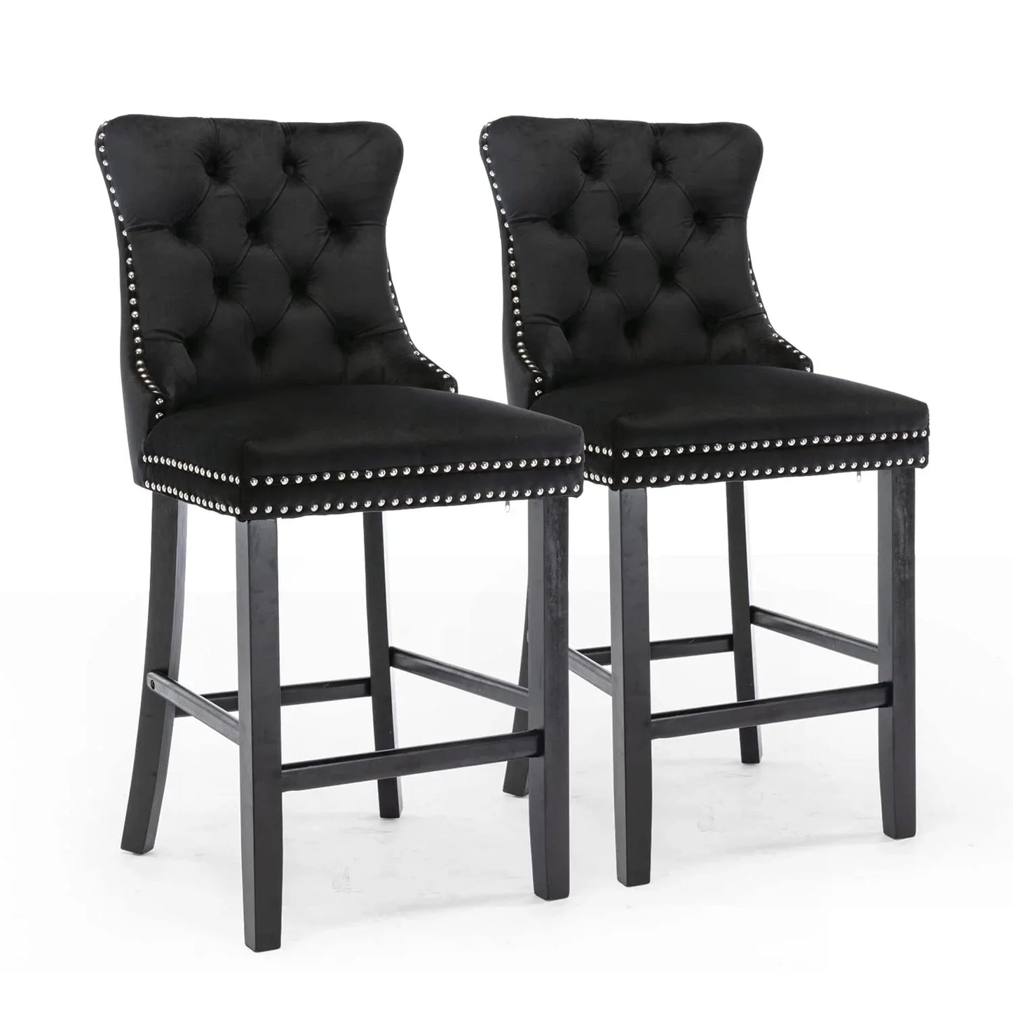 2X Velvet Bar Stools with Studs Trim Wooden Legs Tufted Dining Chairs Kitchen - Mekamart Australia