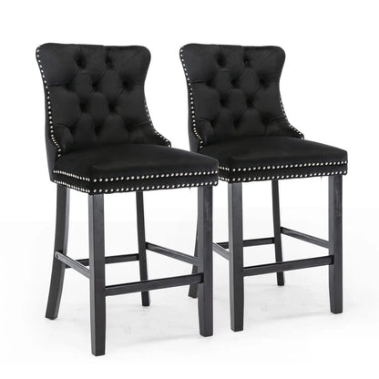 2X Velvet Bar Stools with Studs Trim Wooden Legs Tufted Dining Chairs Kitchen - Mekamart Australia