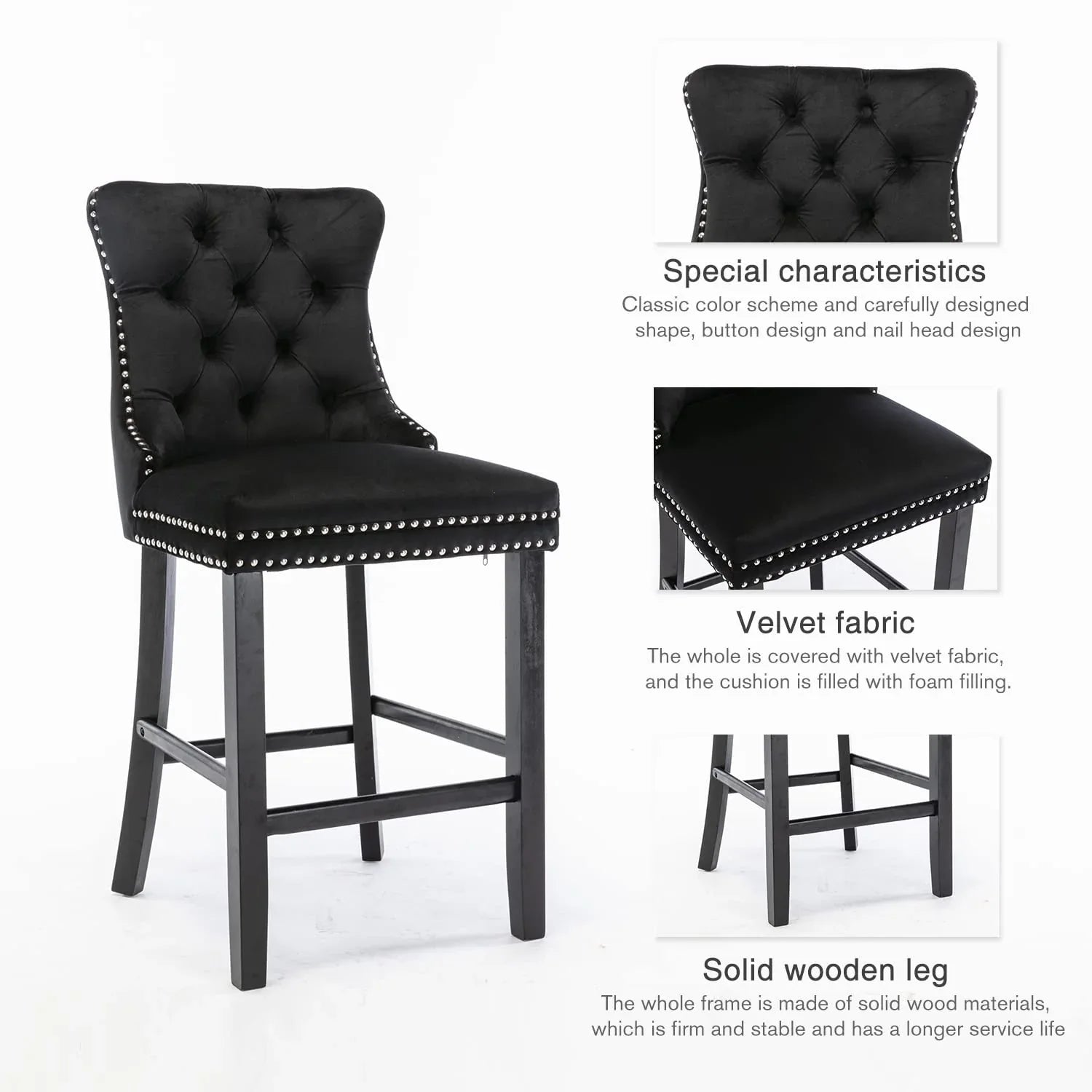 2X Velvet Bar Stools with Studs Trim Wooden Legs Tufted Dining Chairs Kitchen - Mekamart Australia