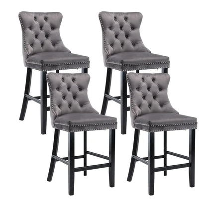 4X Velvet Bar Stools with Studs Trim Wooden Legs Tufted Dining Chairs Kitchen - Mekamart Australia