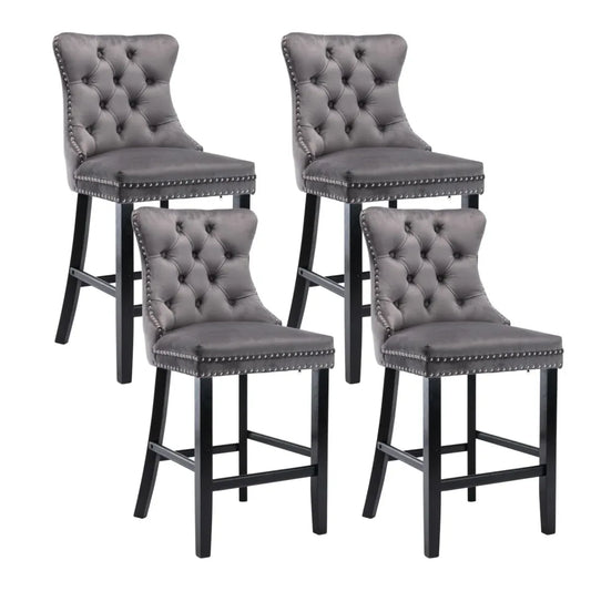 4X Velvet Bar Stools with Studs Trim Wooden Legs Tufted Dining Chairs Kitchen - Mekamart Australia
