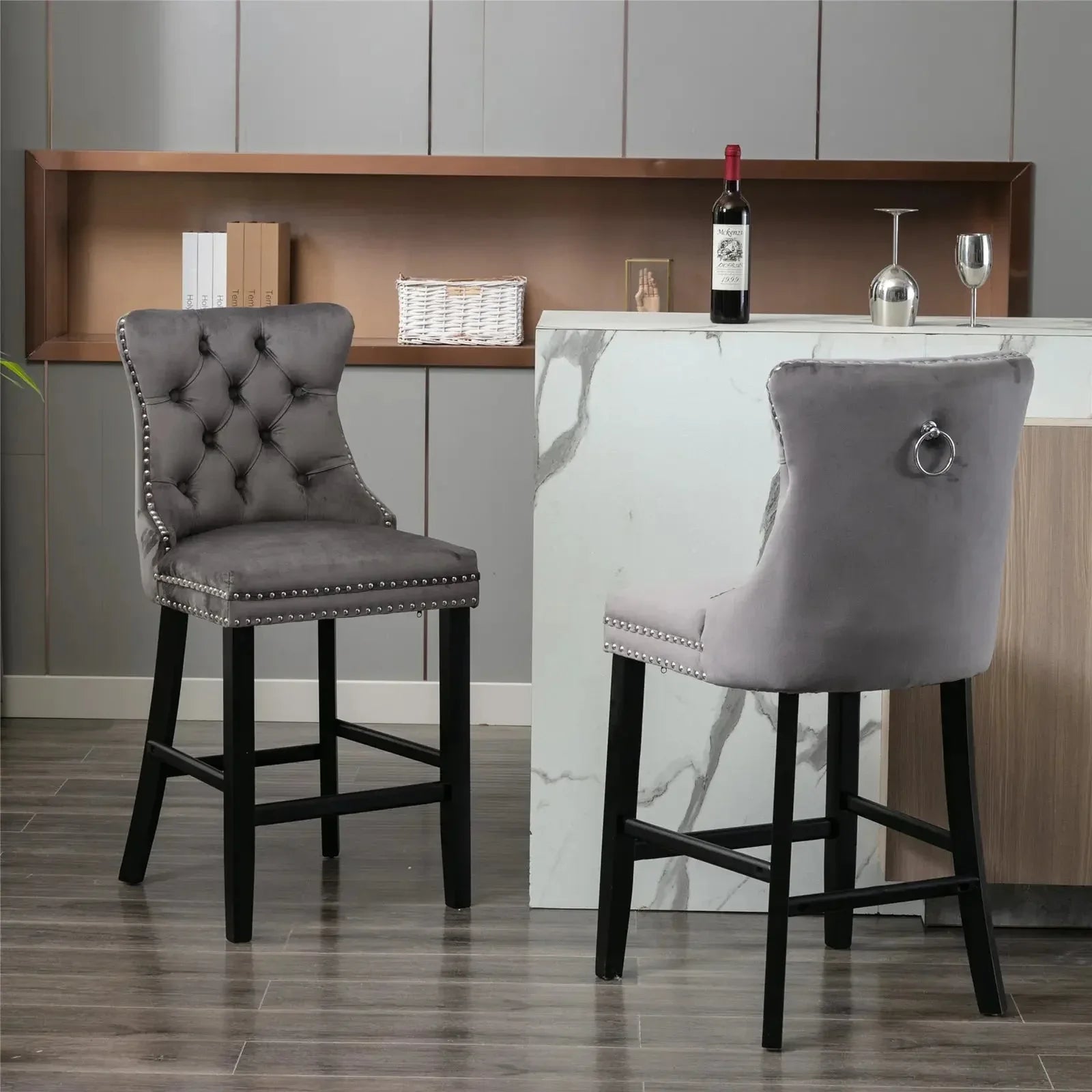 4X Velvet Bar Stools with Studs Trim Wooden Legs Tufted Dining Chairs Kitchen - Mekamart Australia