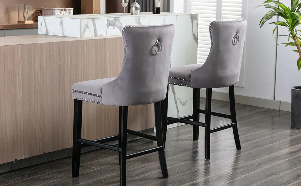 4X Velvet Bar Stools with Studs Trim Wooden Legs Tufted Dining Chairs Kitchen - Mekamart Australia