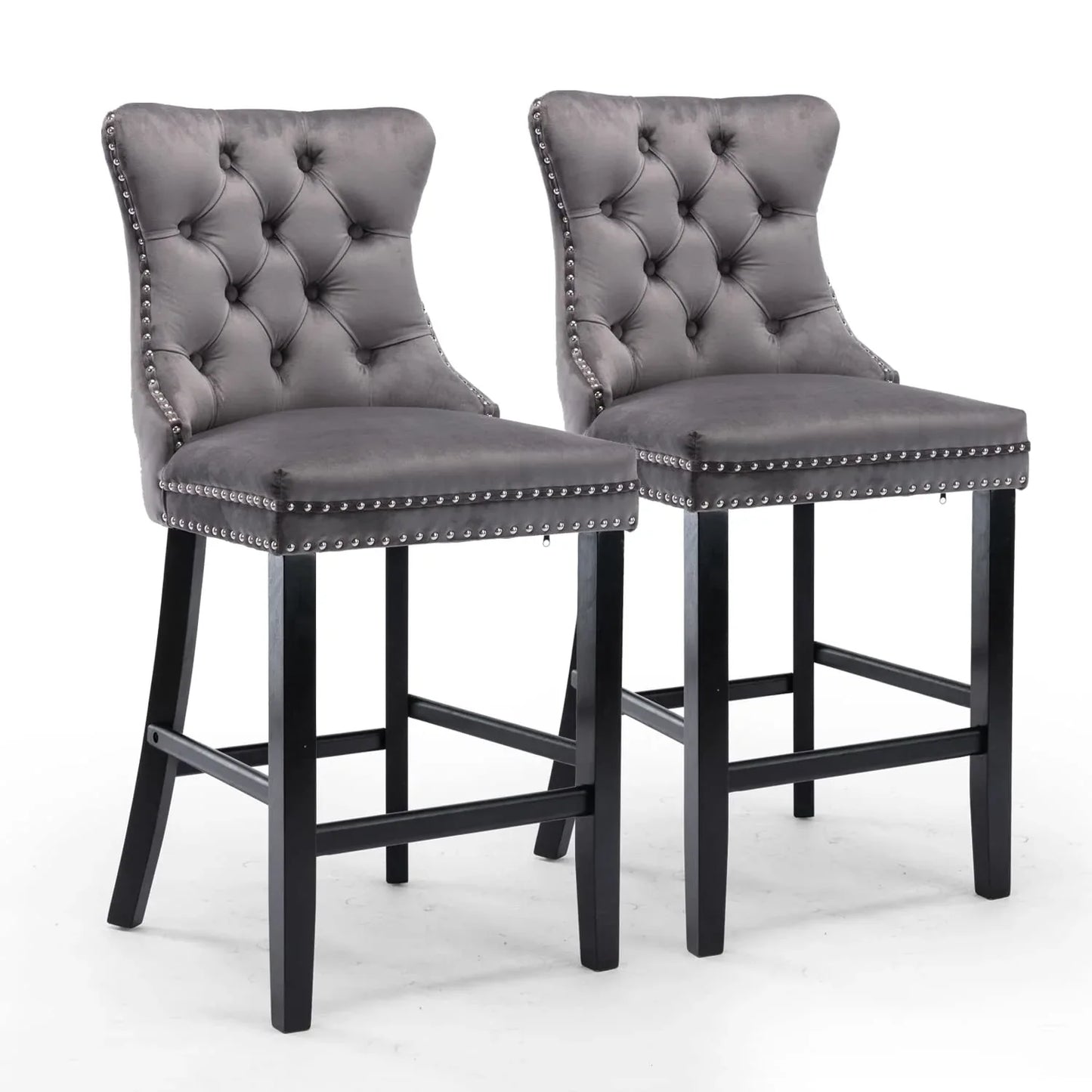 4X Velvet Bar Stools with Studs Trim Wooden Legs Tufted Dining Chairs Kitchen - Mekamart Australia