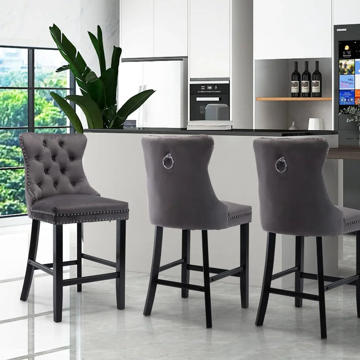 4X Velvet Bar Stools with Studs Trim Wooden Legs Tufted Dining Chairs Kitchen - Mekamart Australia