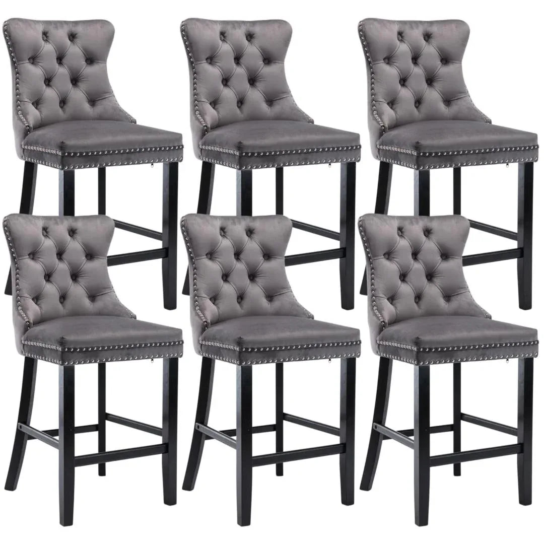 6X Velvet Bar Stools with Studs Trim Wooden Legs Tufted Dining Chairs Kitchen - Mekamart Australia