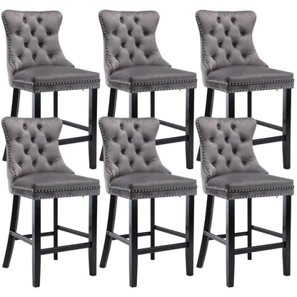 6X Velvet Bar Stools with Studs Trim Wooden Legs Tufted Dining Chairs Kitchen - Mekamart Australia