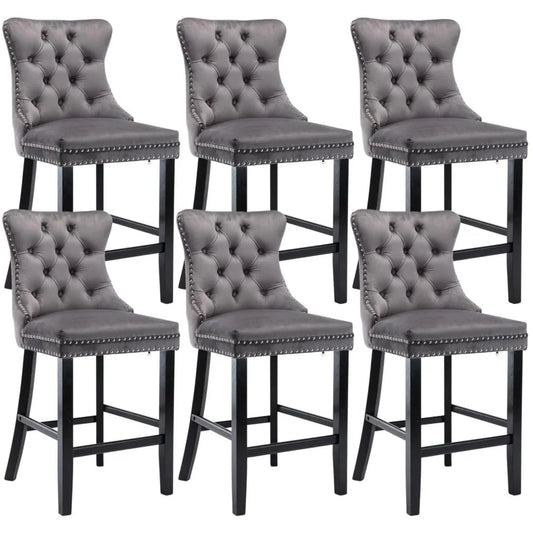 6X Velvet Bar Stools with Studs Trim Wooden Legs Tufted Dining Chairs Kitchen - Mekamart Australia