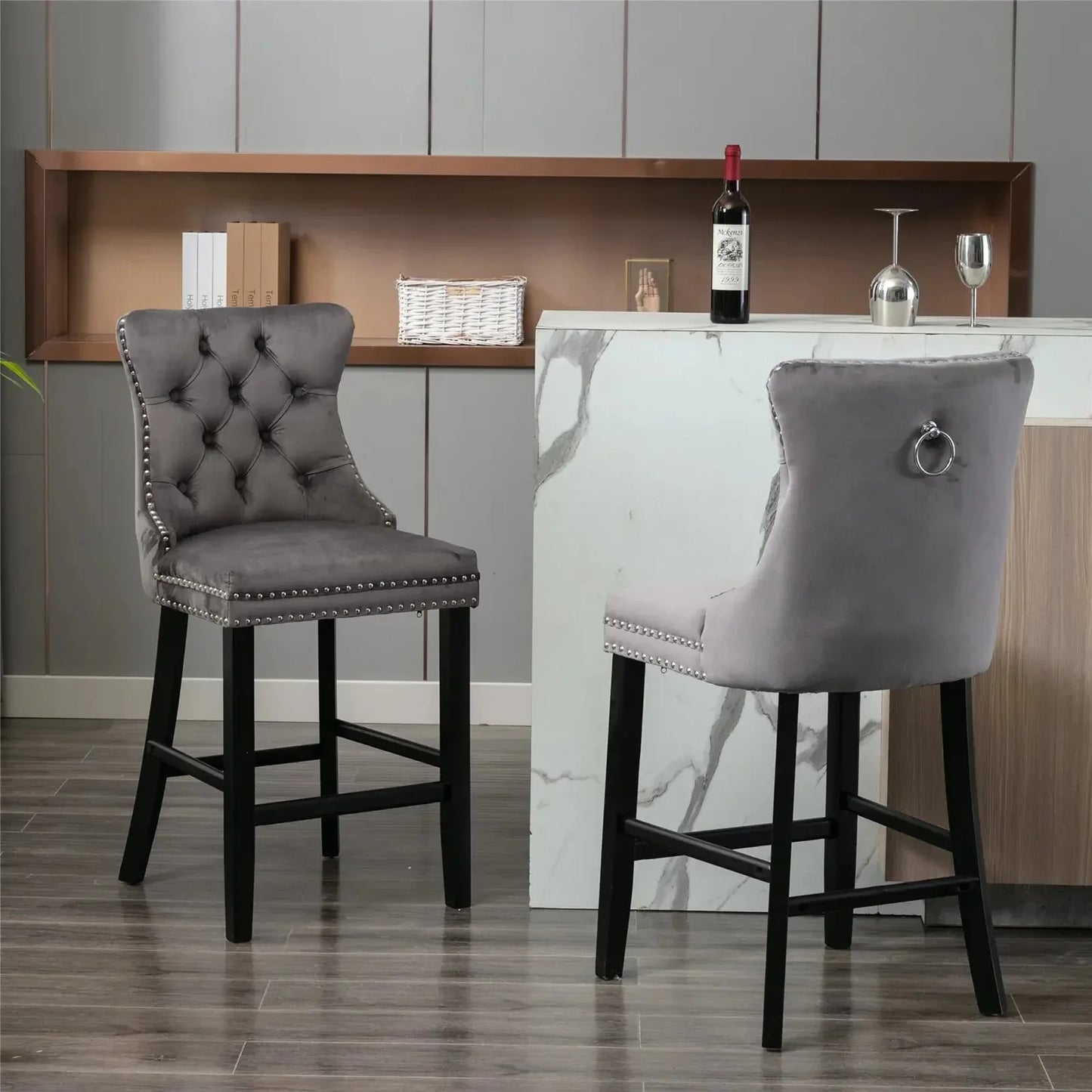 6X Velvet Bar Stools with Studs Trim Wooden Legs Tufted Dining Chairs Kitchen - Mekamart Australia