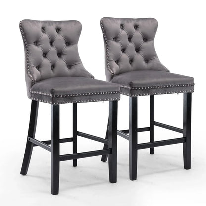 6X Velvet Bar Stools with Studs Trim Wooden Legs Tufted Dining Chairs Kitchen - Mekamart Australia