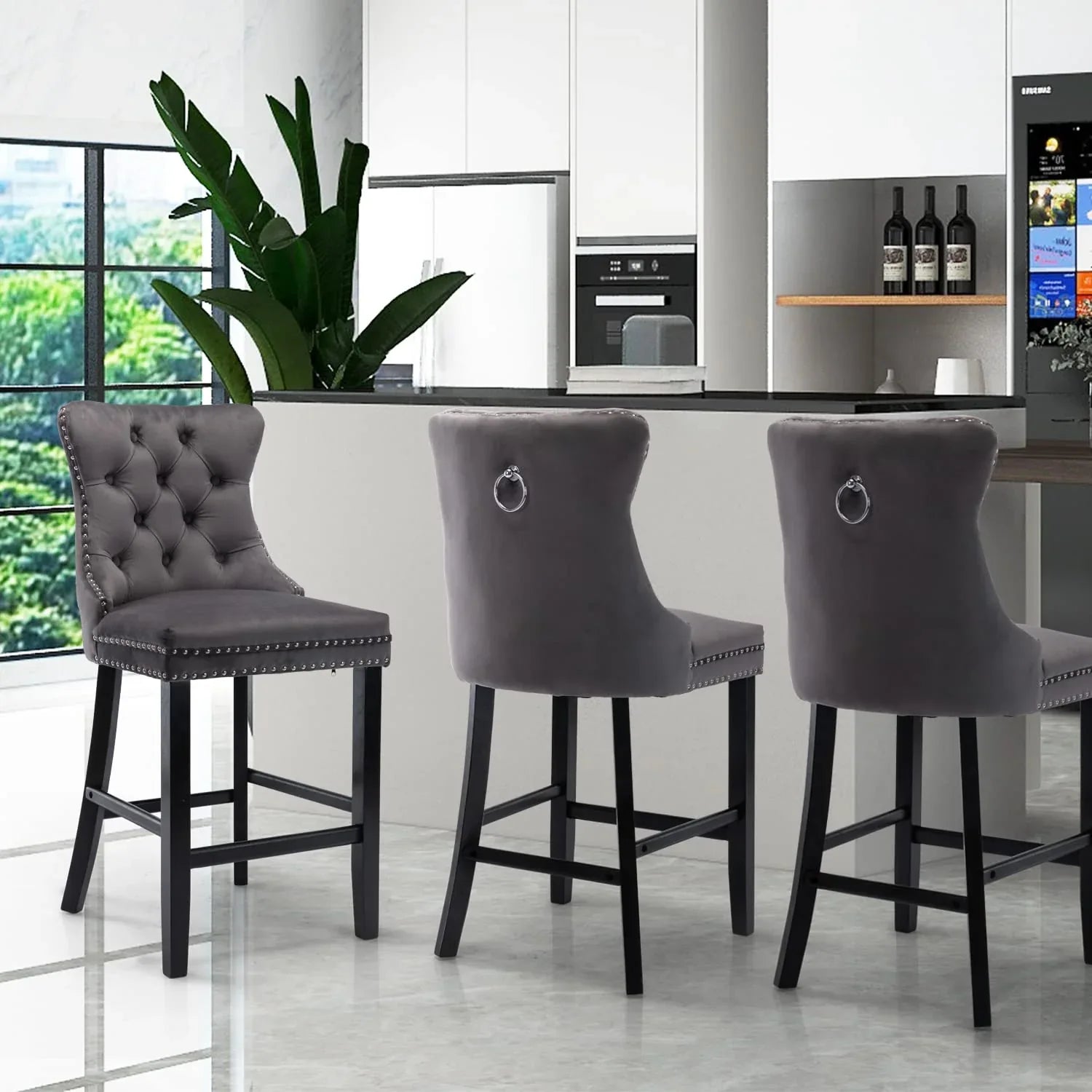 6X Velvet Bar Stools with Studs Trim Wooden Legs Tufted Dining Chairs Kitchen - Mekamart Australia