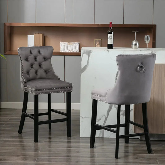 2X Velvet Bar Stools with Studs Trim Wooden Legs Tufted Dining Chairs Kitchen - Mekamart Australia