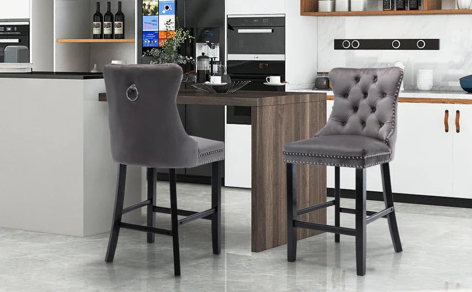2X Velvet Bar Stools with Studs Trim Wooden Legs Tufted Dining Chairs Kitchen - Mekamart Australia