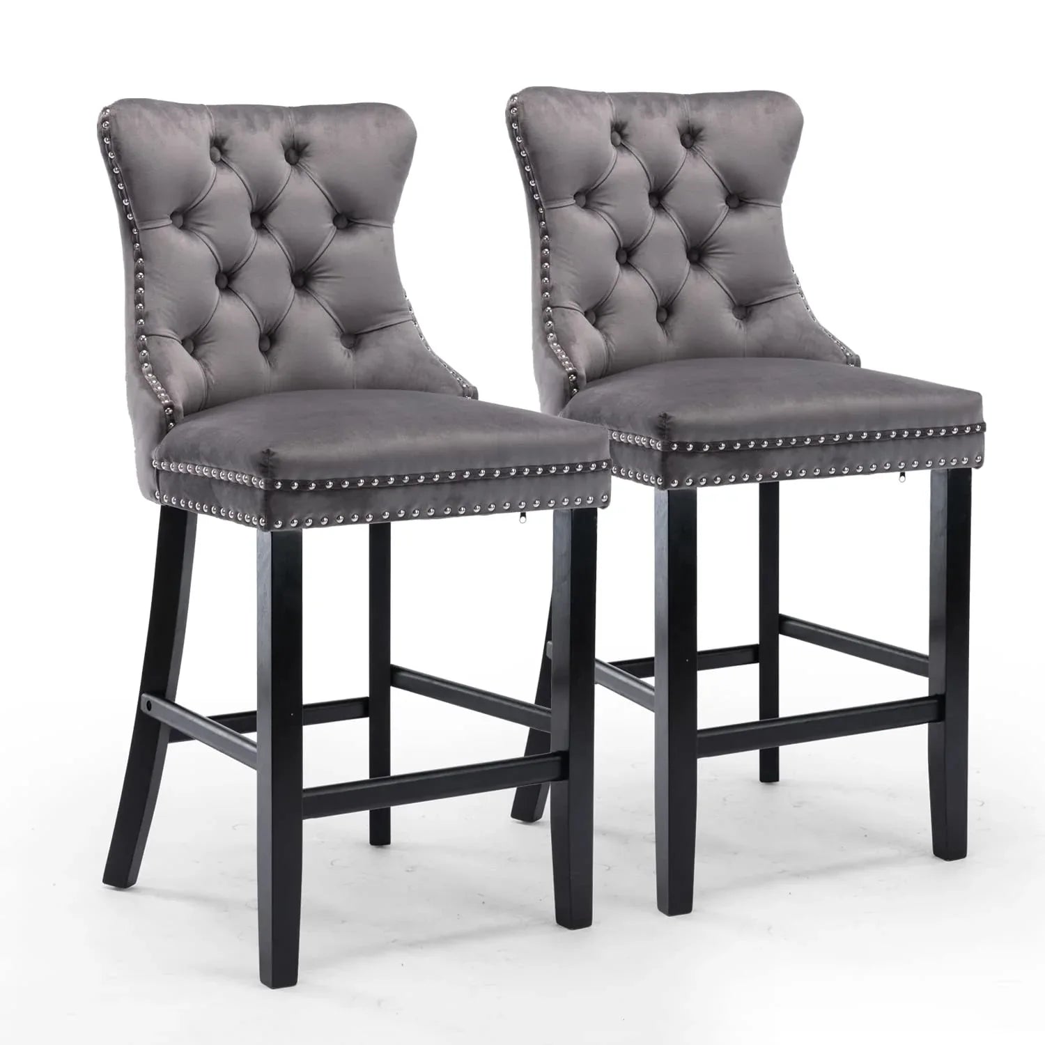 2X Velvet Bar Stools with Studs Trim Wooden Legs Tufted Dining Chairs Kitchen - Mekamart Australia