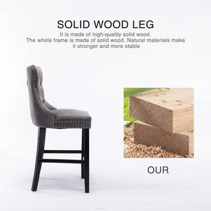 2X Velvet Bar Stools with Studs Trim Wooden Legs Tufted Dining Chairs Kitchen - Mekamart Australia