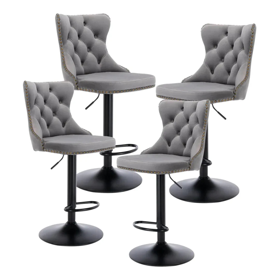 4x Height Adjustable Swivel Bar Stool Velvet Nailhead Barstool with Footrest - Mekamart Australia